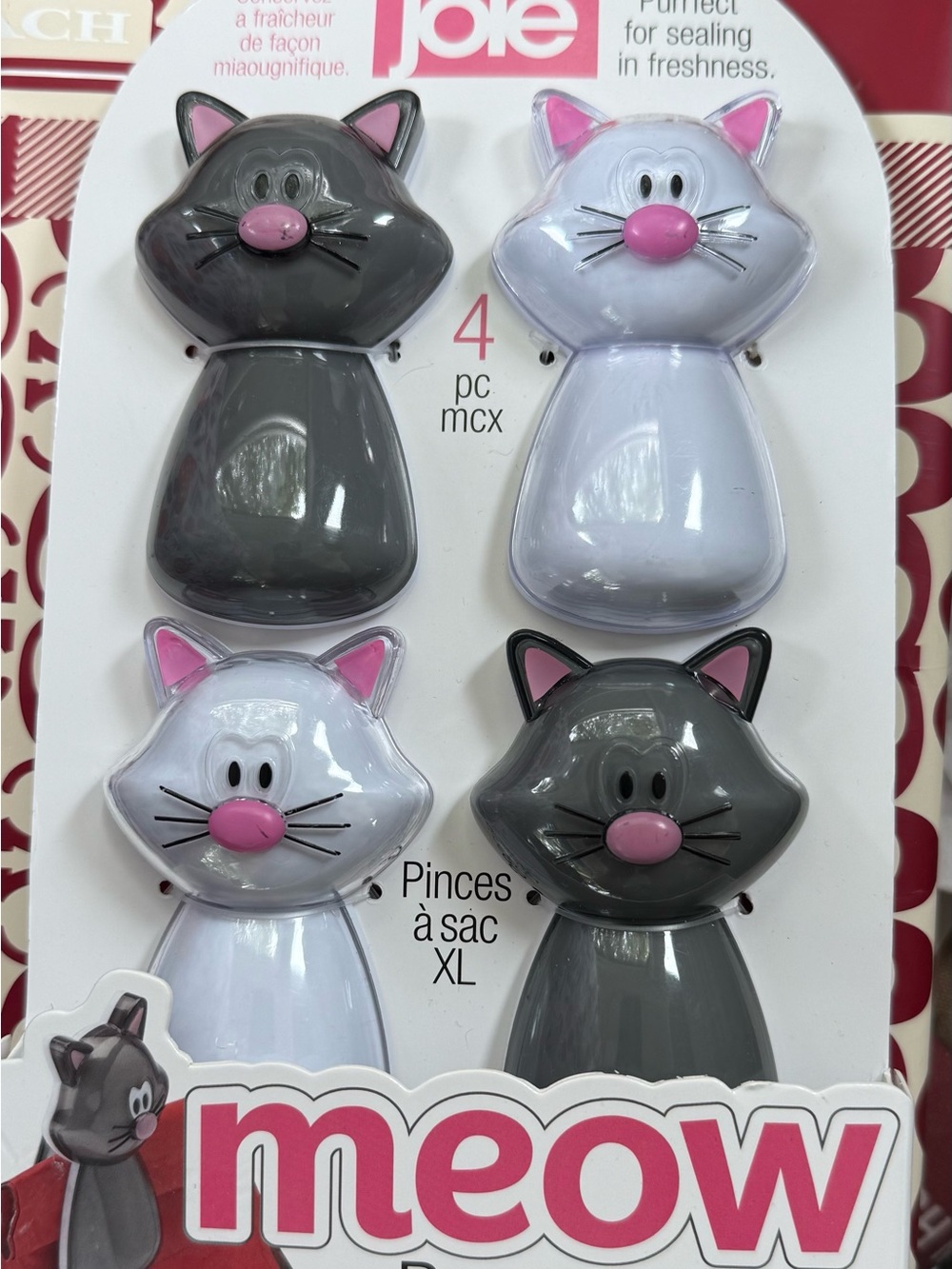 Joie Meow Cat Bag Clips - Gray & White with Pink Accents (4 pc)
